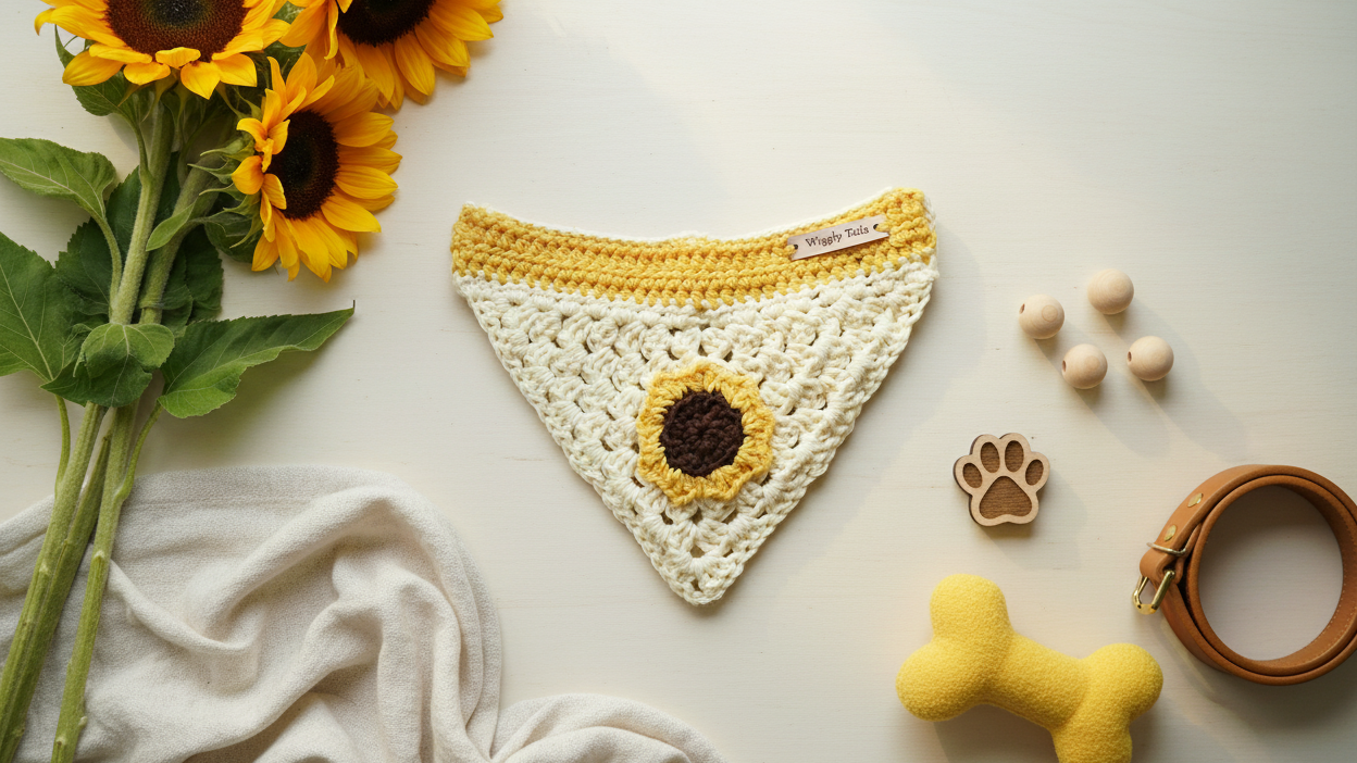 Kleine hondenbandana, gehaakte hondensjaal, om over de halsband te schuiven, 100% katoenen bandana - Zonnebloem