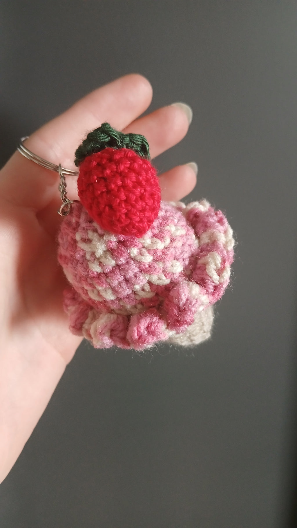 Gehaakte aardbeien-ijshoorn sleutelhanger