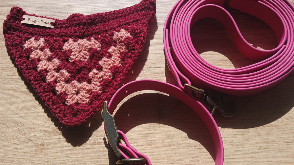 Pink Biothane Dog Collar and Leash Set With Crochet Dog Bandana - Dog Walking Bundle
