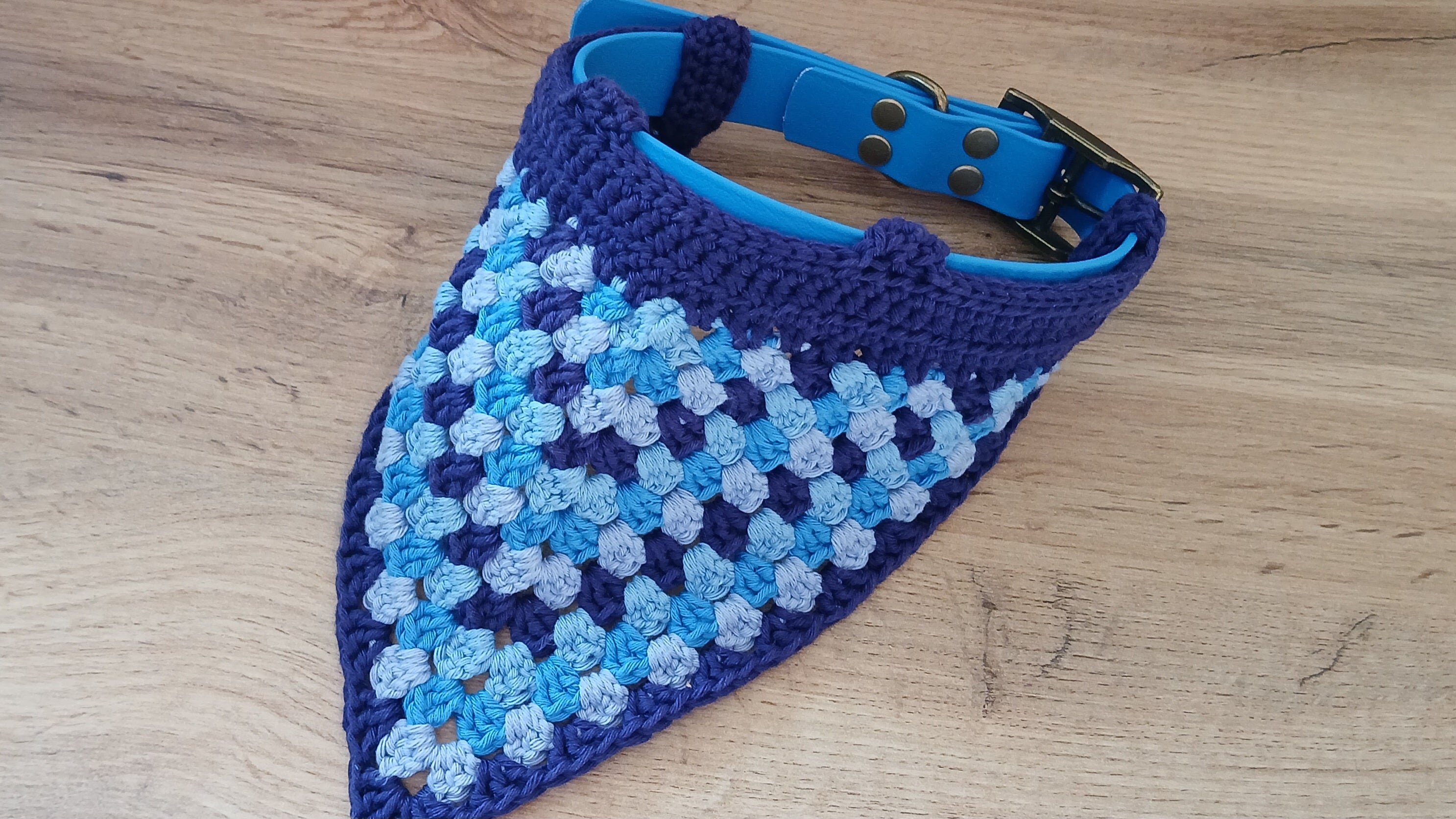 Blue Biothane Dog Collar and Leash Set With Crochet Dog Bandana - Handcrafted Dog Walking Bundle