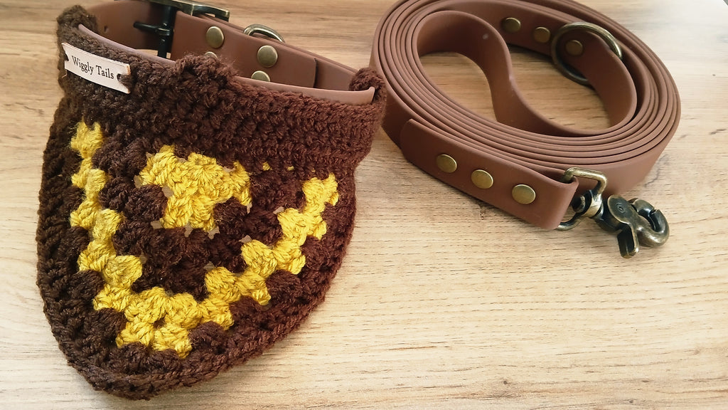 Brown Biothane Dog Collar and Leash Set With Crochet Dog Bandana - Handcrafted Dog Walking Bundle