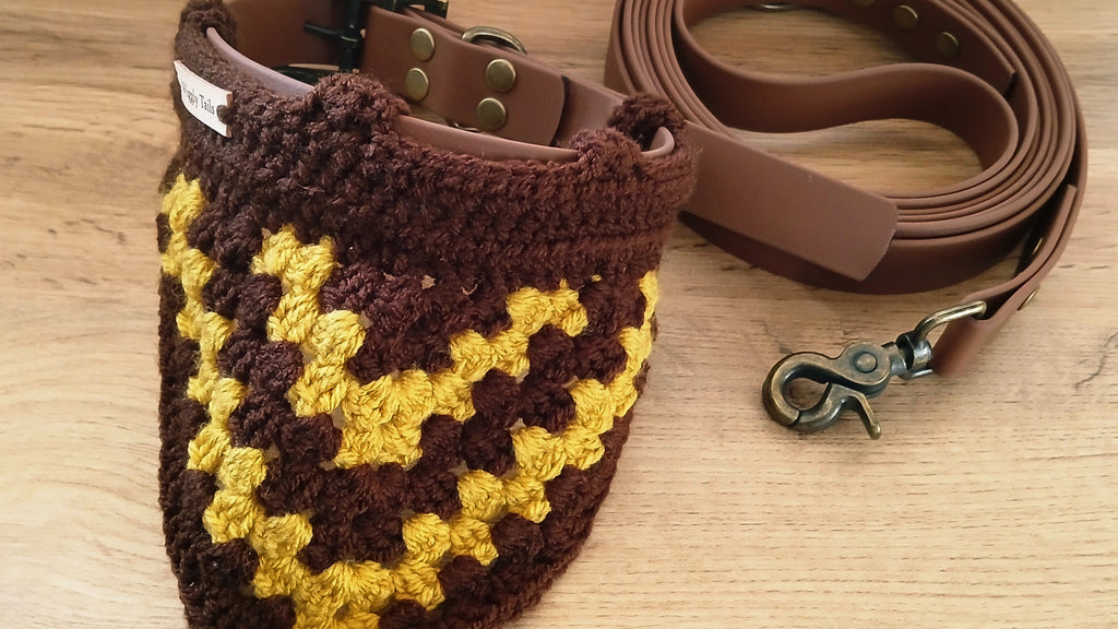 Brown Biothane Dog Collar and Leash Set With Crochet Dog Bandana - Handcrafted Dog Walking Bundle