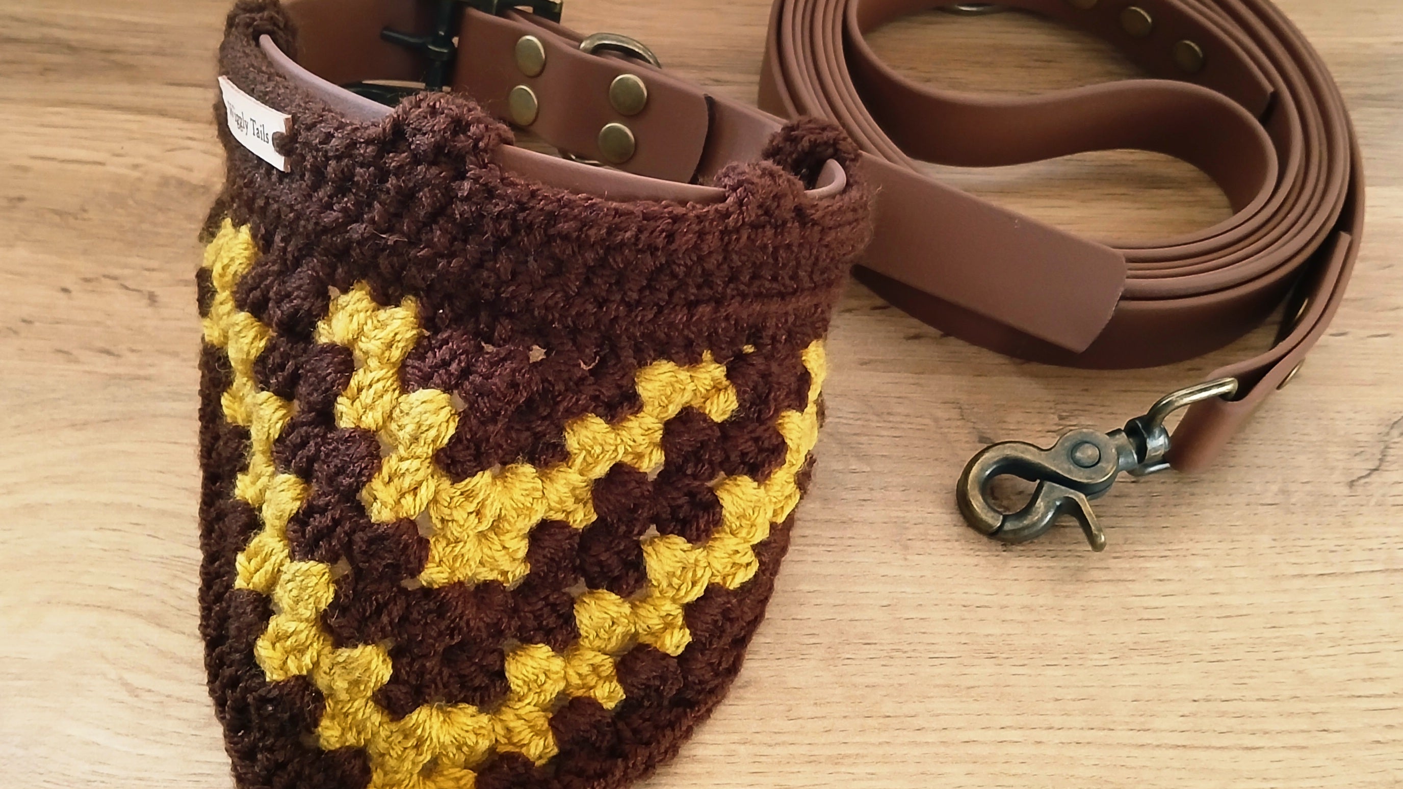 Brown Biothane Dog Collar and Leash Set With Crochet Dog Bandana - Handcrafted Dog Walking Bundle