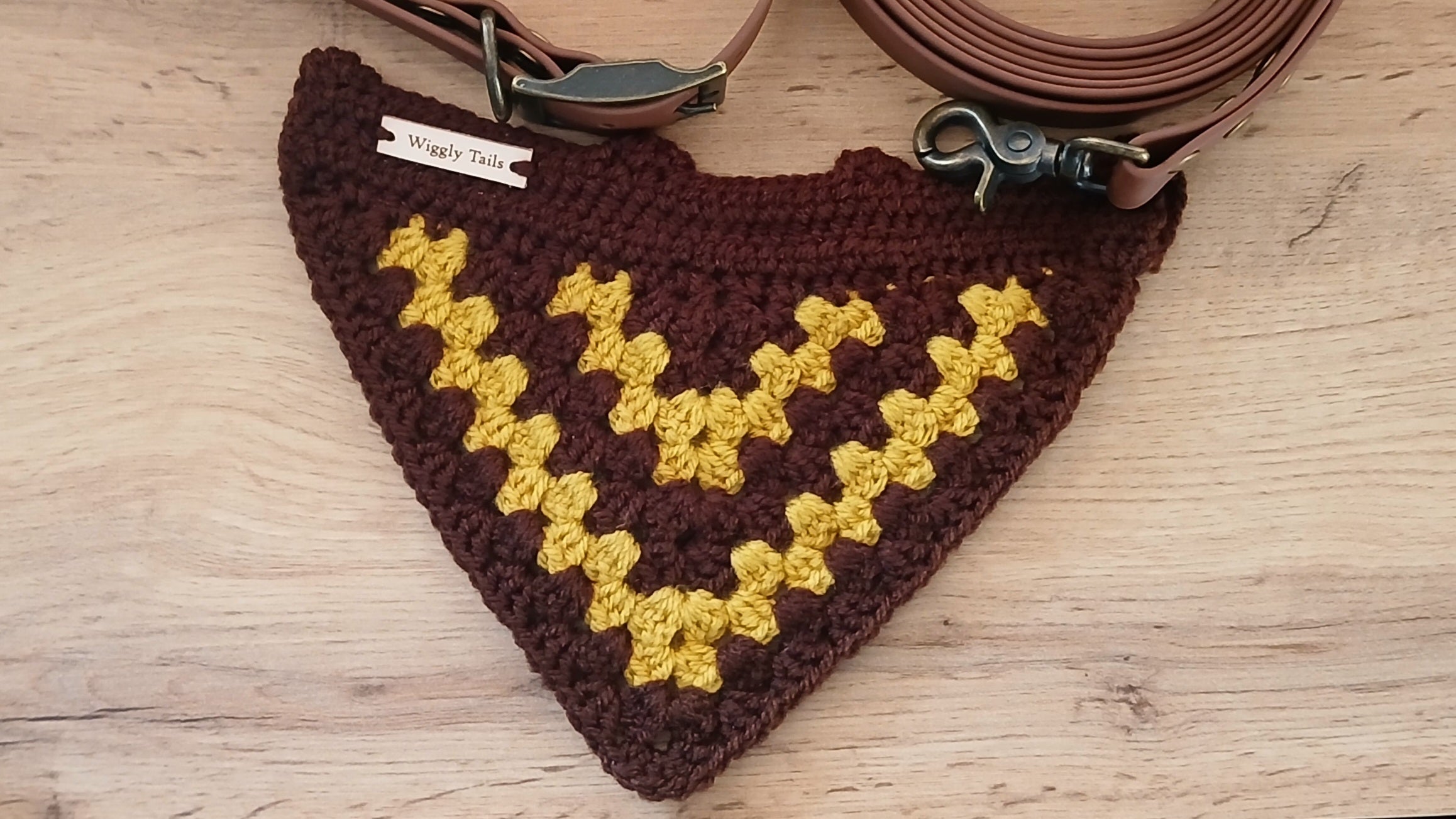 Brown Biothane Dog Collar and Leash Set With Crochet Dog Bandana - Handcrafted Dog Walking Bundle