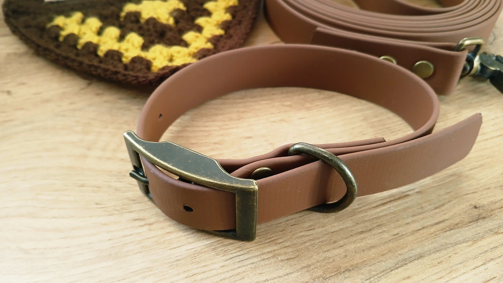 Brown Biothane Dog Collar and Leash Set With Crochet Dog Bandana - Handcrafted Dog Walking Bundle
