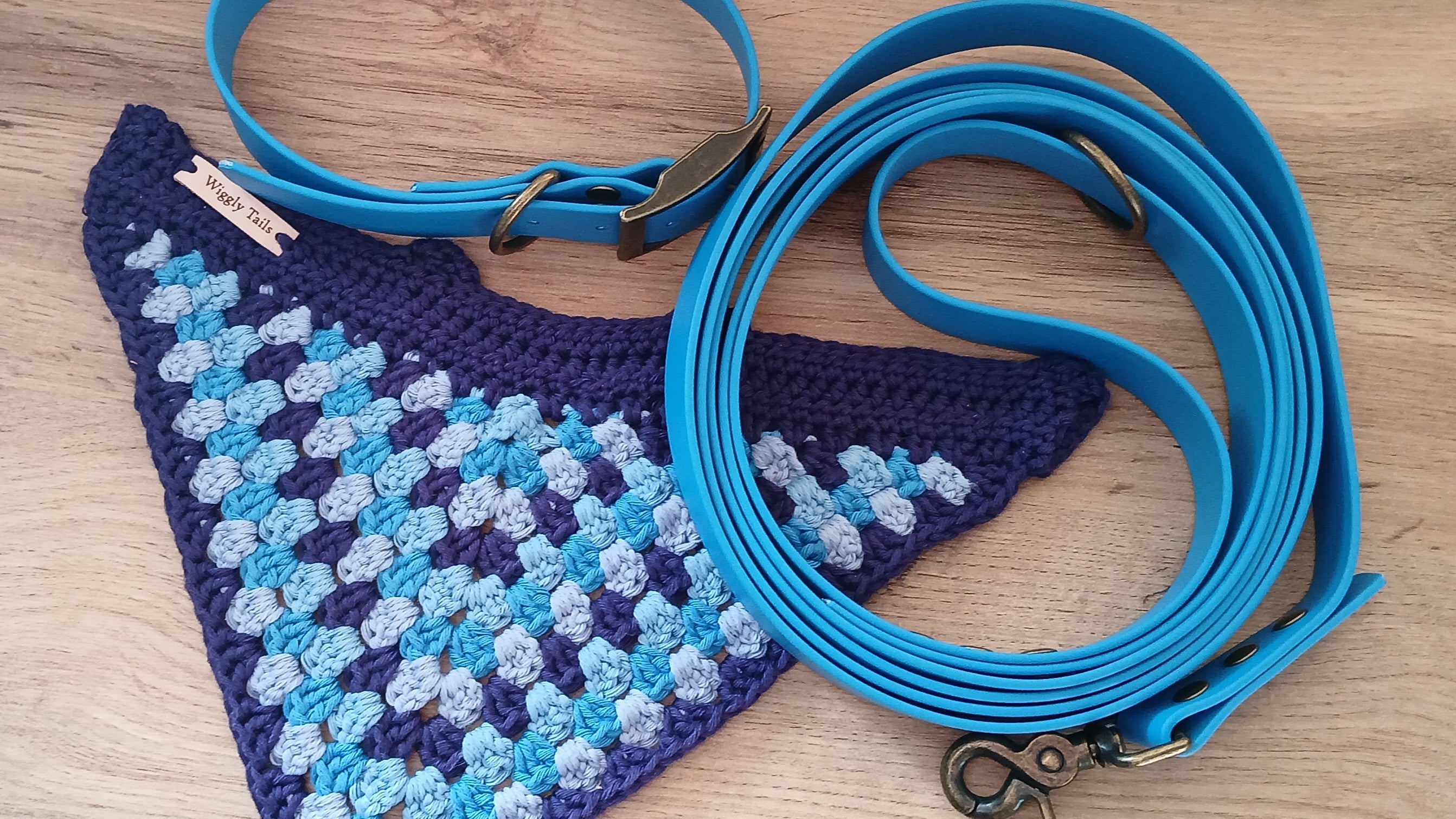 Blue Biothane Dog Collar and Leash Set With Crochet Dog Bandana - Handcrafted Dog Walking Bundle