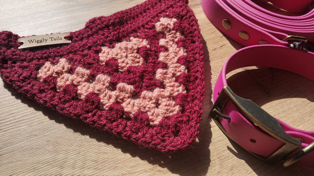 Pink Biothane Dog Collar and Leash Set With Crochet Dog Bandana - Dog Walking Bundle