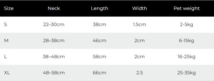 Table displaying pet size chart with neck measurements, lengths, widths, and weight ranges.